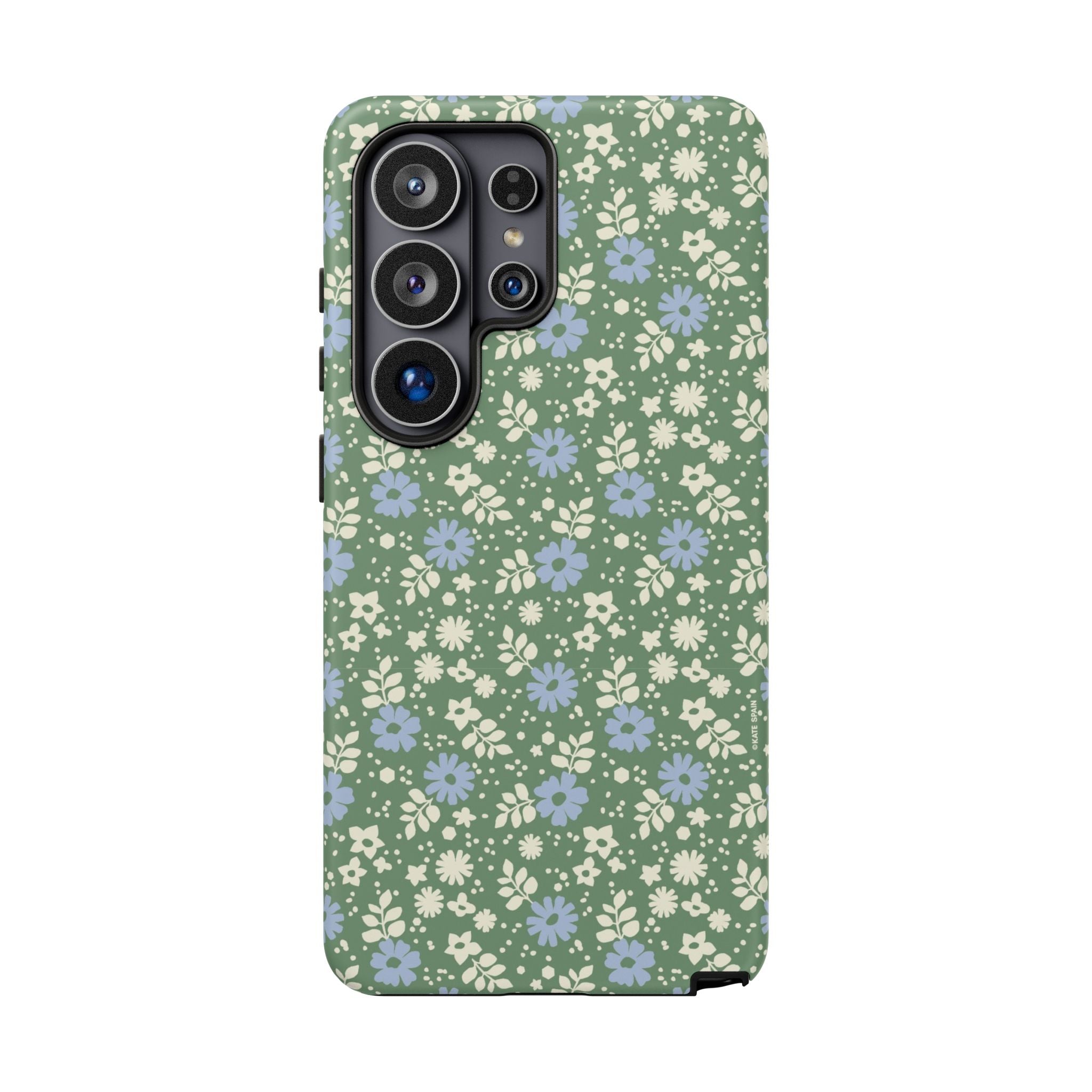 Cottage Core Cute Petaline Samsung Galaxy S26 Ultra Case – Matte | green background with white and blue ditsy florals