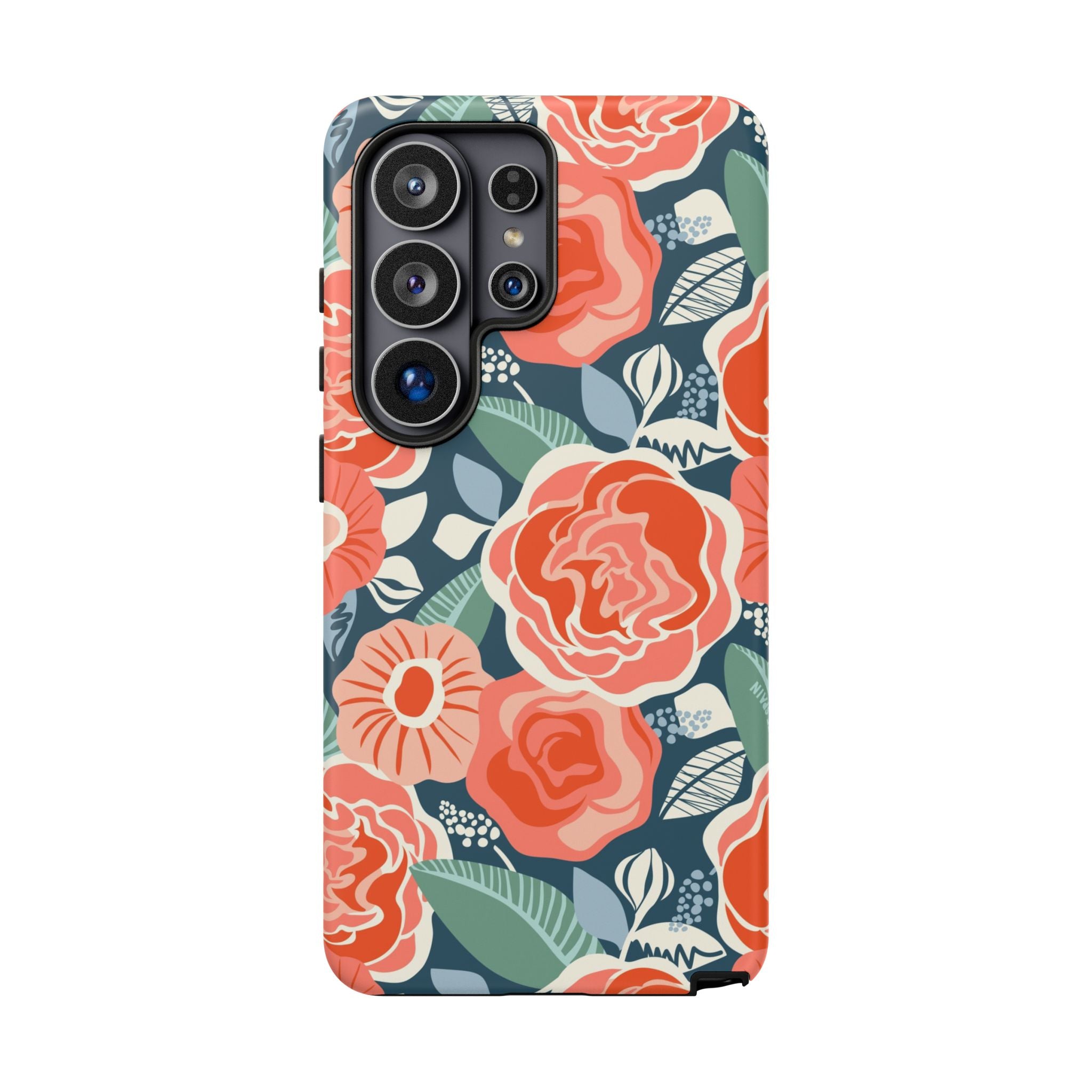 Luxury Tea Rose Navy Samsung Galaxy S26 Ultra Case – Matte | navy, coral, peach botanical rose floral print
