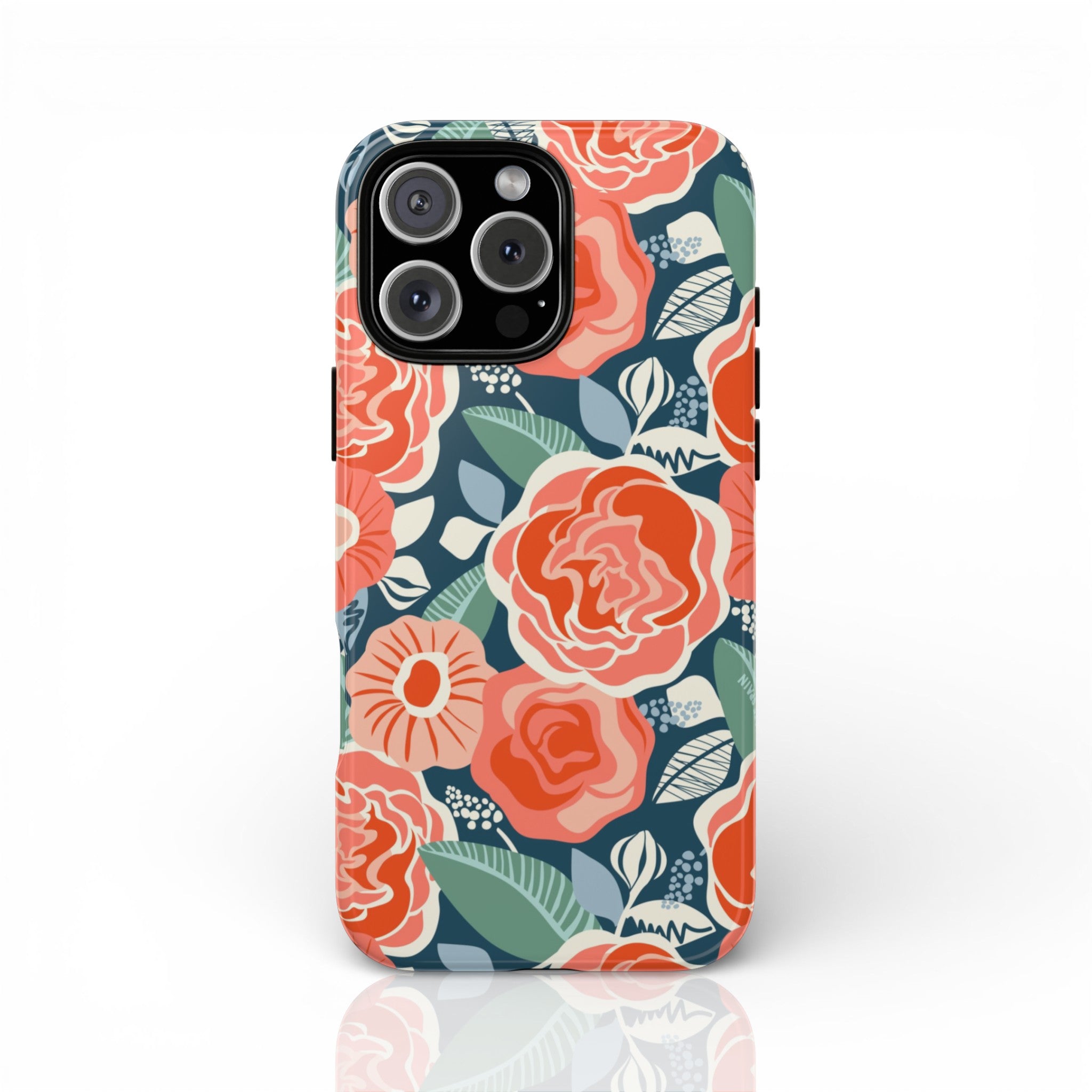 Tea Rose Navy Tough iPhone 8 Case – Glossy | navy, coral, pink, cream rose floral print