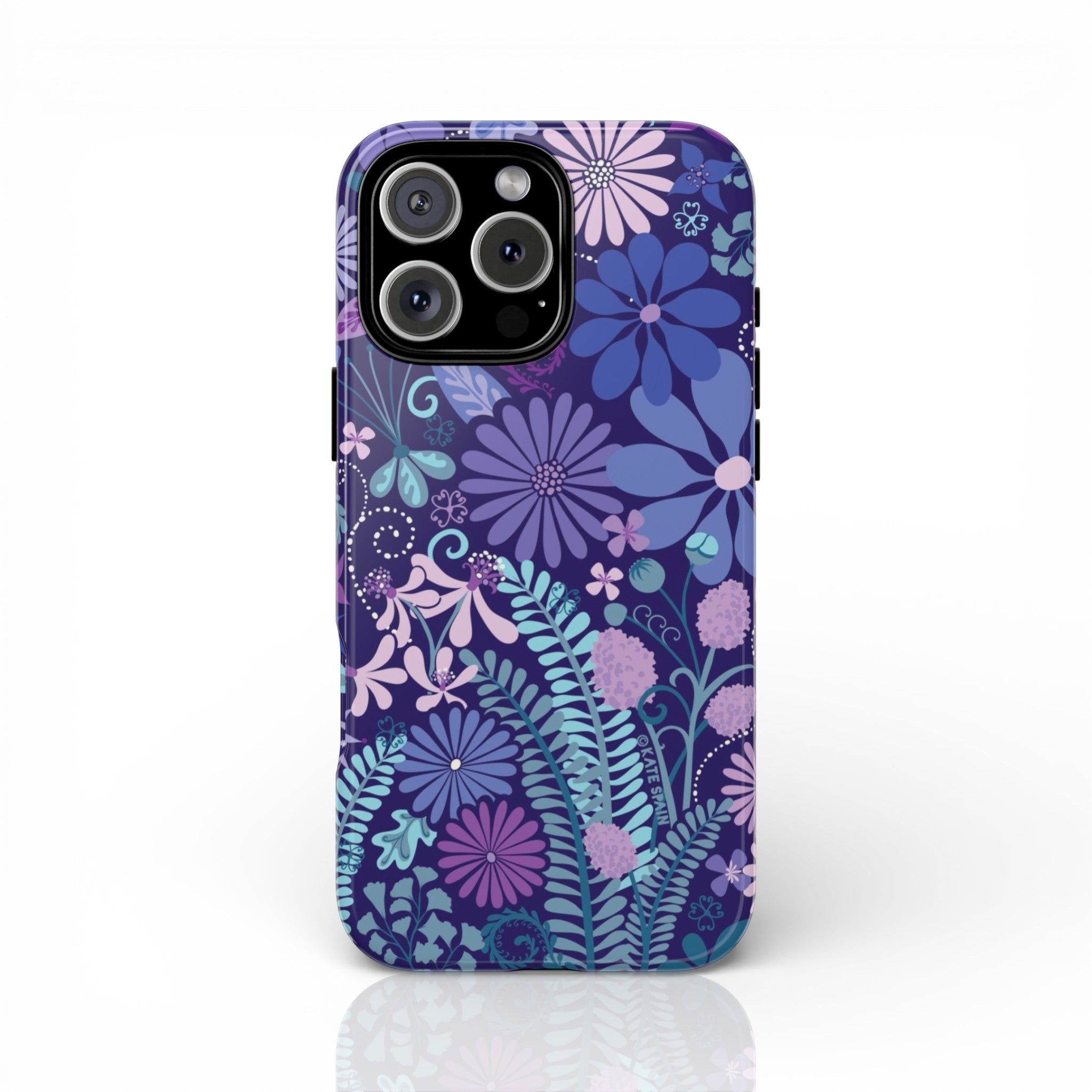 Luxury Terrain Tough iPhone 16 Pro Max Case – matte | navy, purple, aqua botanical woodland floral print