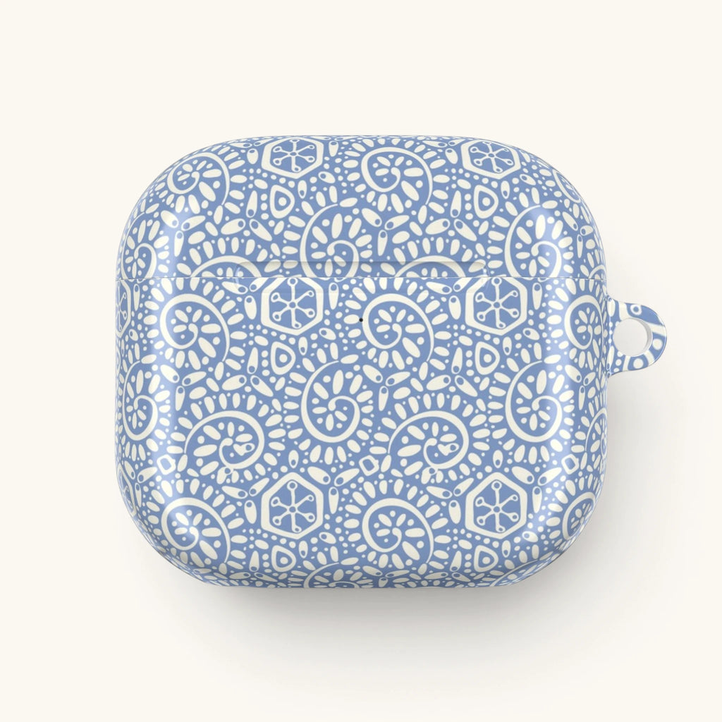 AirPods Gen 4 case – Glossy | soft white swirl and medallion pattern on pastel mist blue ground