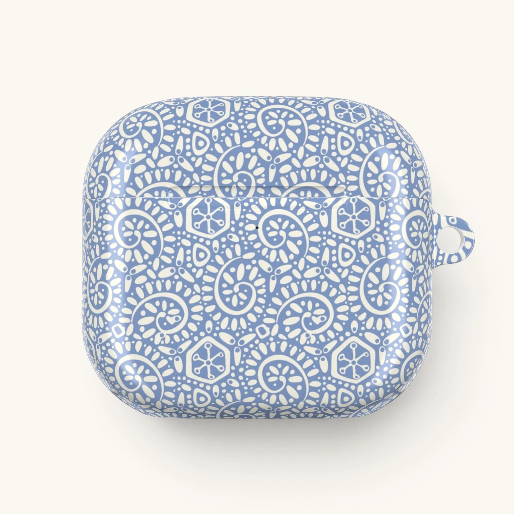 AirPods Gen 4 case – Glossy | soft white swirl and medallion pattern on pastel mist blue ground