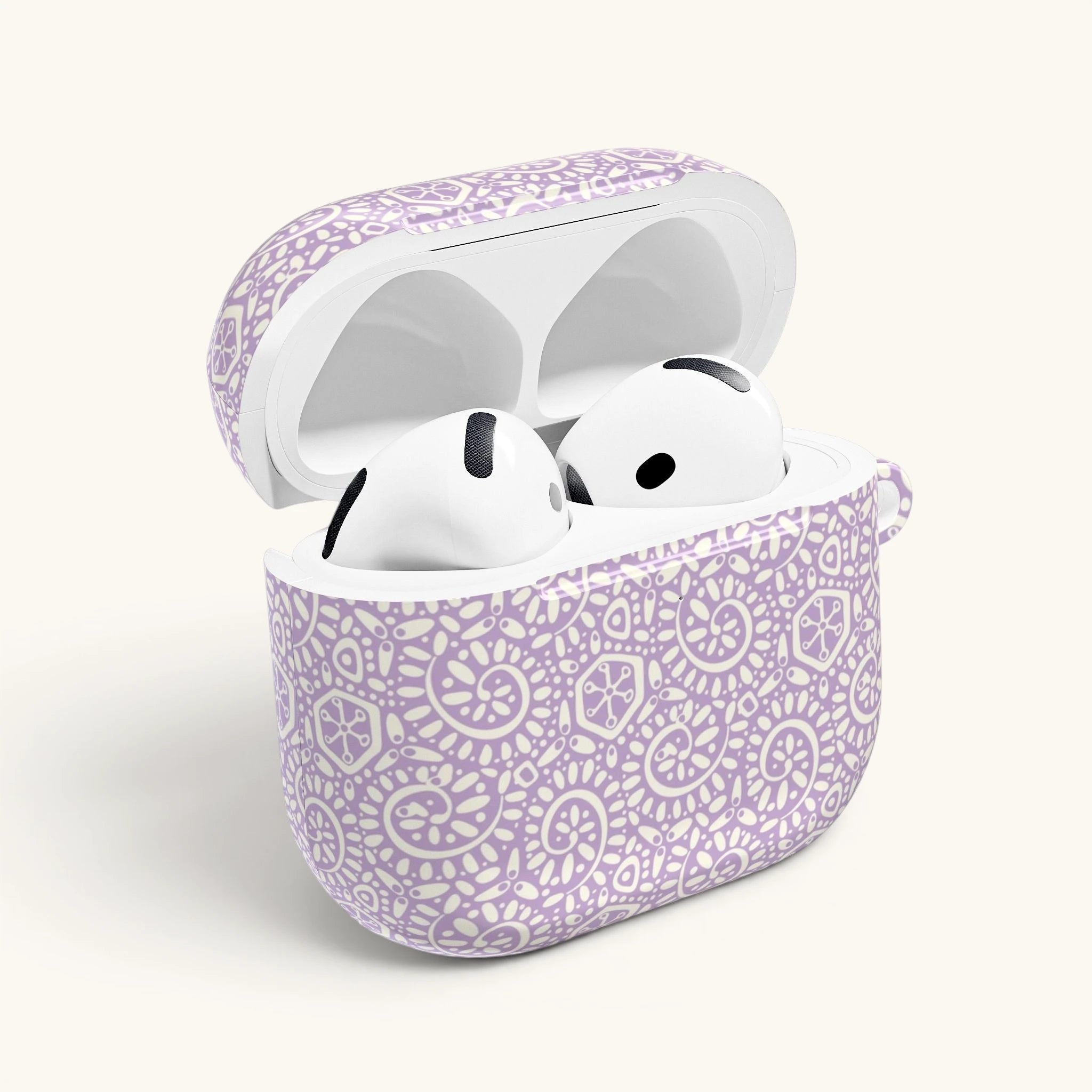 AirPods Gen 4 case, back side of case showing opening for lid hinge – Glossy | soft white swirl and medallion pattern on pastel lavender ground