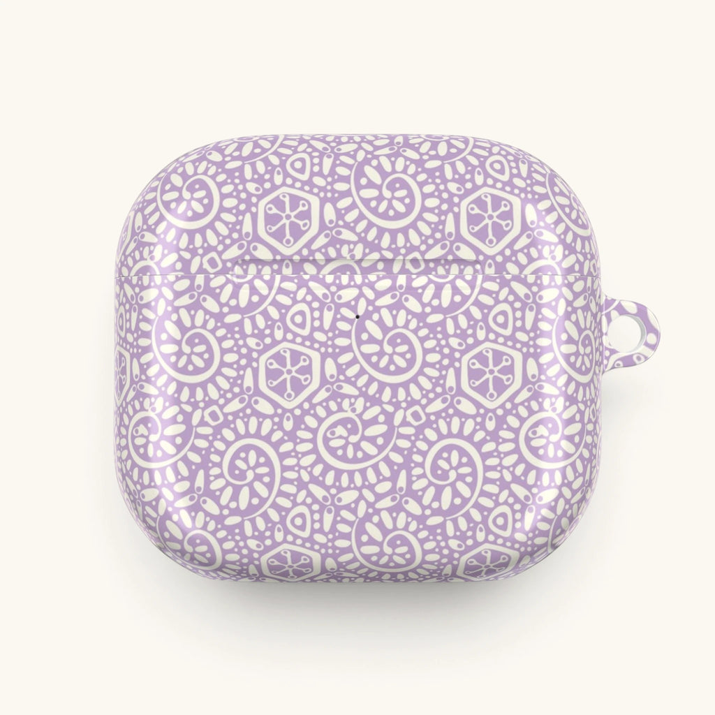 AirPods Gen 4 case – Glossy | soft white swirl and medallion pattern on pastel lavender ground
