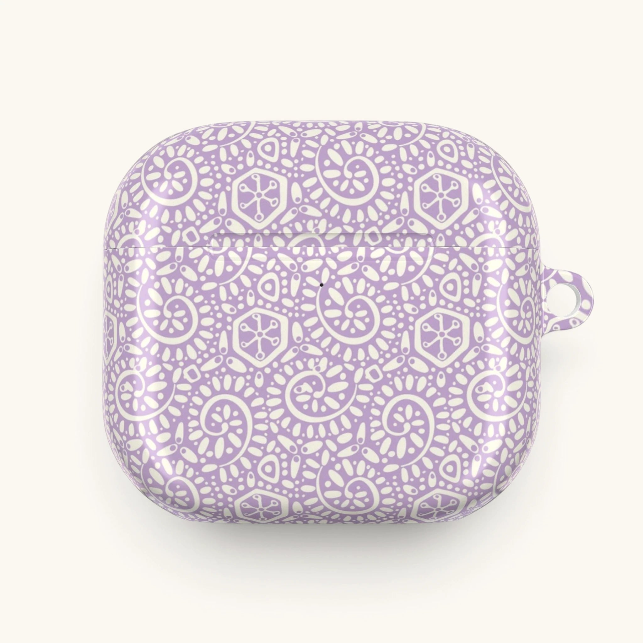 AirPods Gen 4 case – Glossy | soft white swirl and medallion pattern on pastel lavender ground