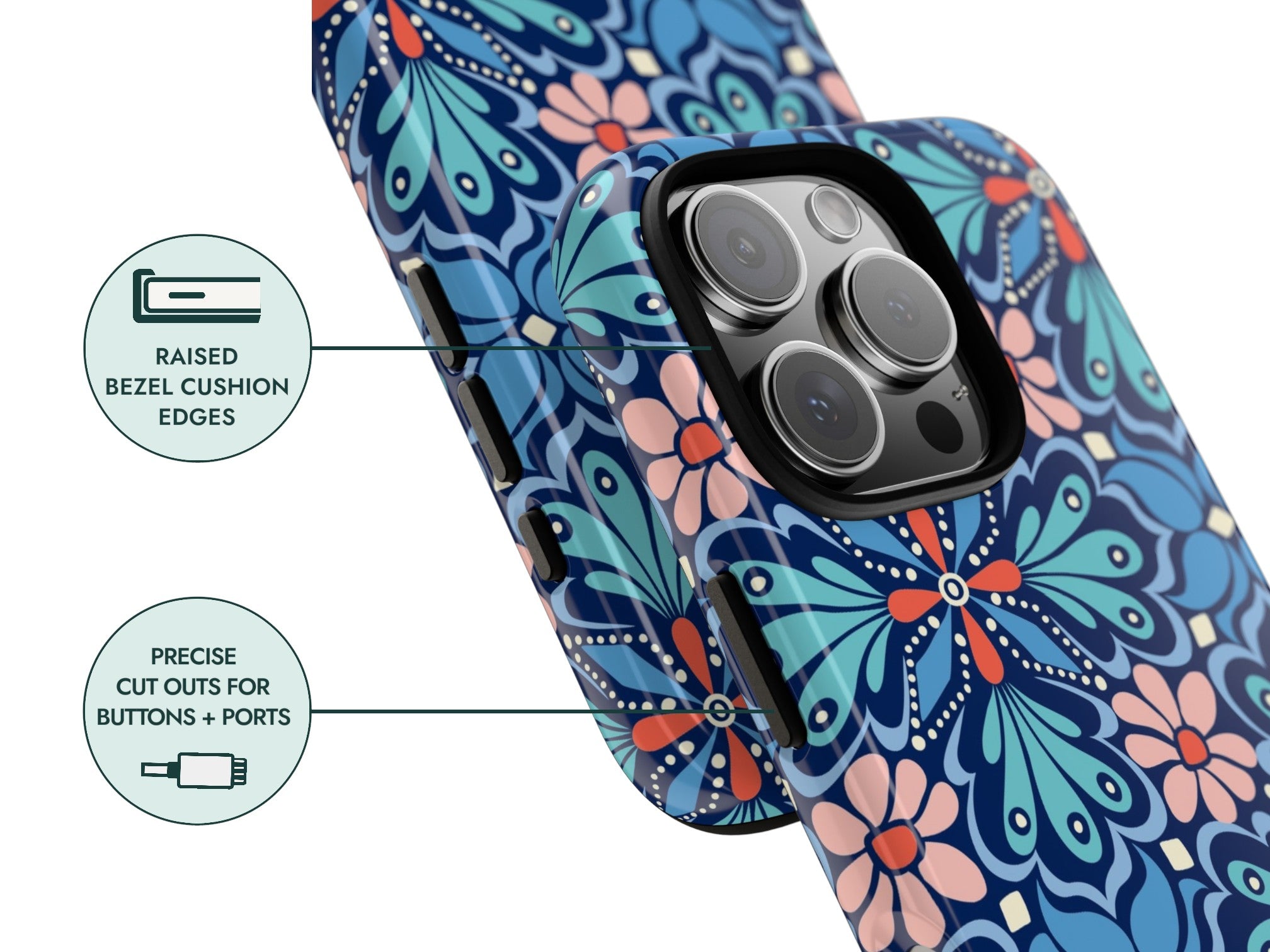 Blue floral patterned phone case with features highlighted on a white background