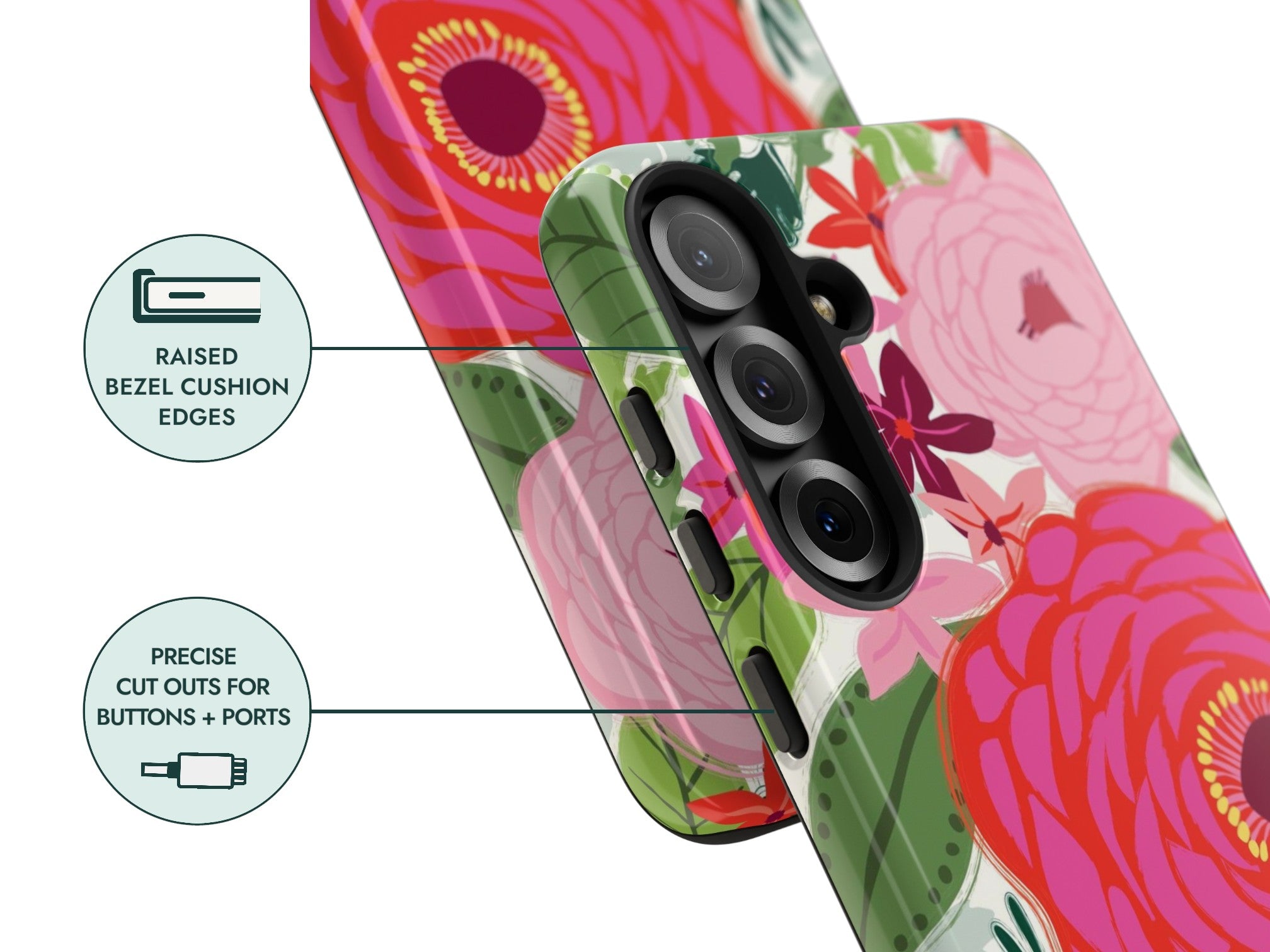 Floral phone case with camera cutouts and raised bezel cushion edges on a white background