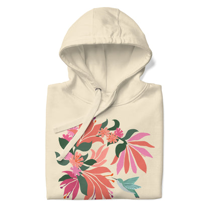 Folded off-white colored hoodie sweatshirt with large tropical flower design and small hummingbird graphic.