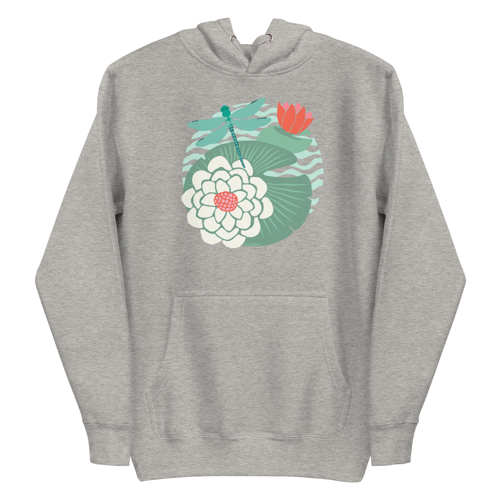 Illustrated dragonfly hovering over a green lily pad with pink and white water lily flowers on a rippled circular pond, printed on a soft premium athletic gray hoodie sweatshirt.