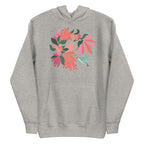 Folded athletic gray heather colored hoodie sweatshirt with large tropical flower design and small hummingbird graphic.