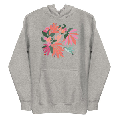Folded athletic gray heather colored hoodie sweatshirt with large tropical flower design and small hummingbird graphic.