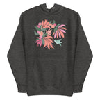 Folded charcoal gray heather colored hoodie sweatshirt with large tropical flower design and small hummingbird graphic.