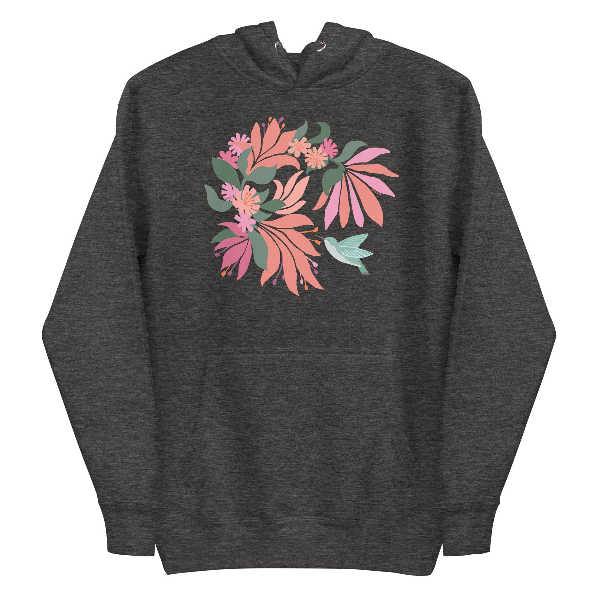 Folded charcoal gray heather colored hoodie sweatshirt with large tropical flower design and small hummingbird graphic.