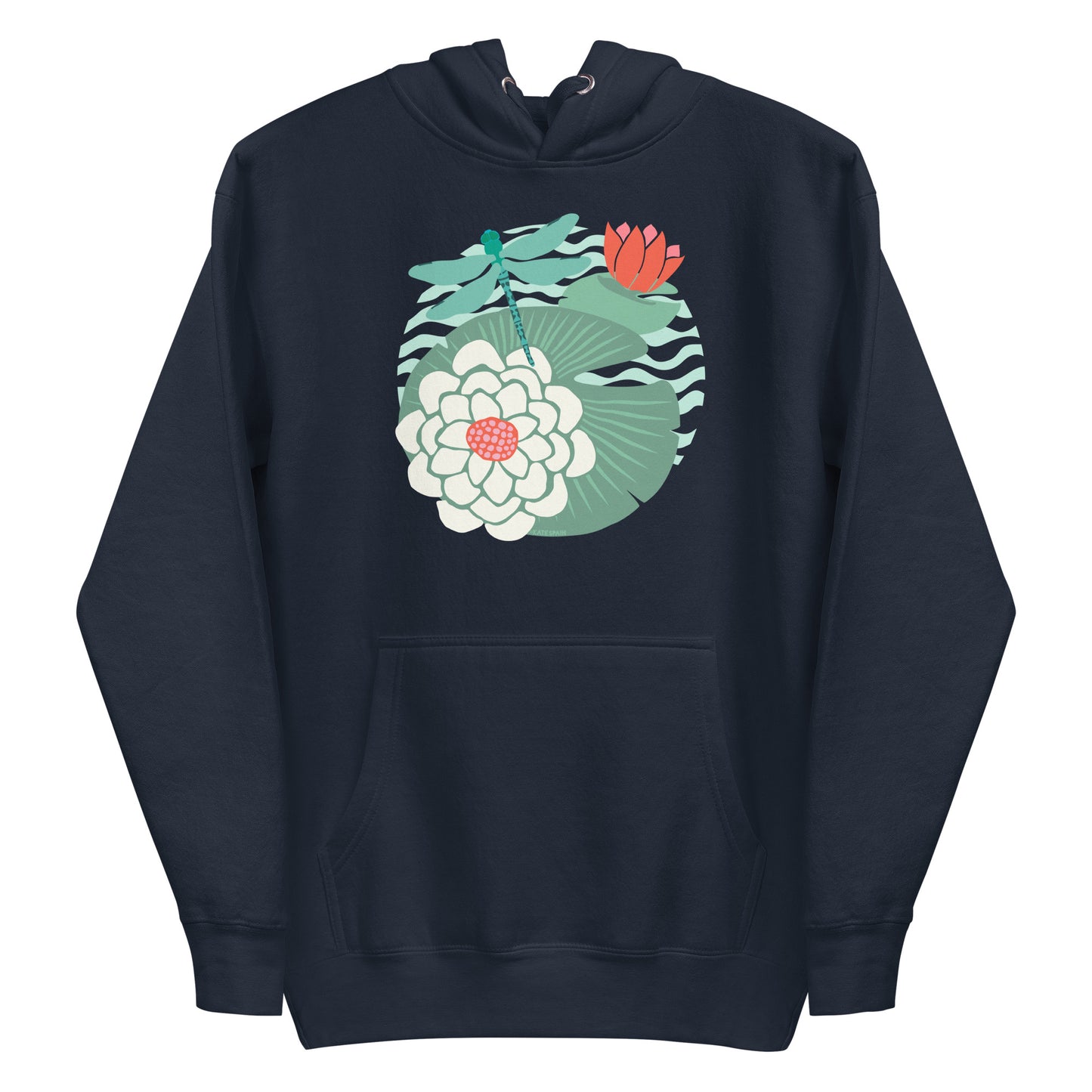 Illustrated dragonfly hovering over a green lily pad with pink and white water lily flowers on a rippled circular pond, printed on a soft premium navy blue colored hoodie sweatshirt.