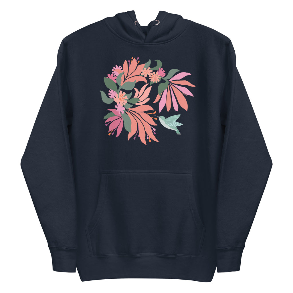 Navy blue colored hoodie sweatshirt with large tropical flower design and small hummingbird graphic.