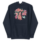 Navy blue colored hoodie sweatshirt with large tropical flower design and small hummingbird graphic.