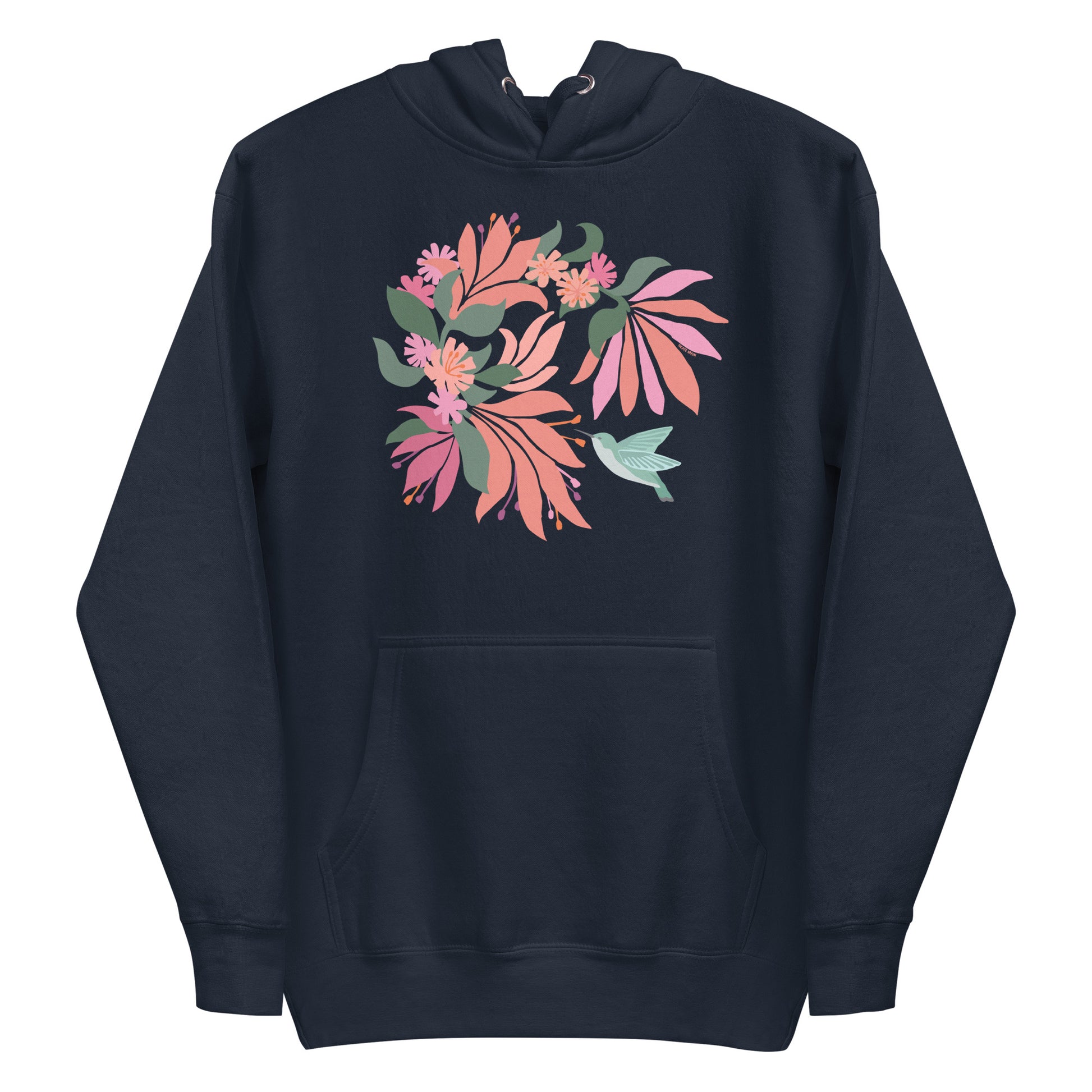 Folded navy blue colored hoodie sweatshirt with large tropical flower design and small hummingbird graphic.