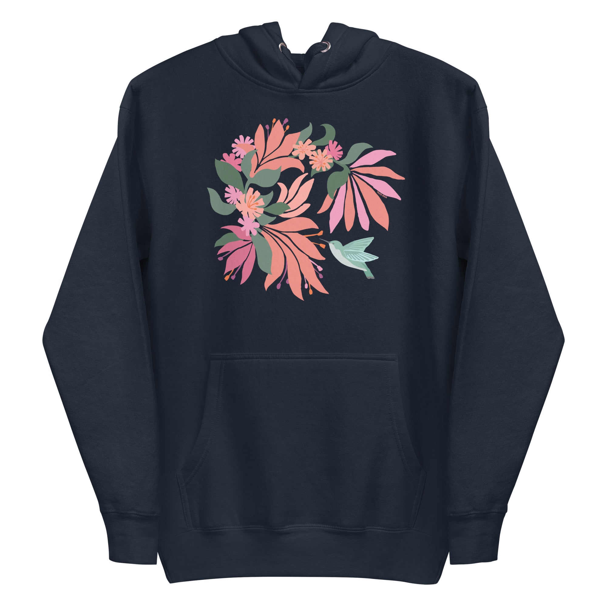 Navy blue colored hoodie sweatshirt with large tropical flower design and small hummingbird graphic.