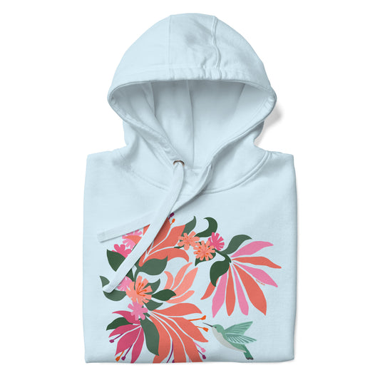 Folded sky blue colored hoodie sweatshirt with large tropical flower design and small hummingbird graphic.