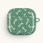AirPods Gen 4 case – Glossy | cream dragonflies in flight on deep emerald green ground with aqua dot medallions