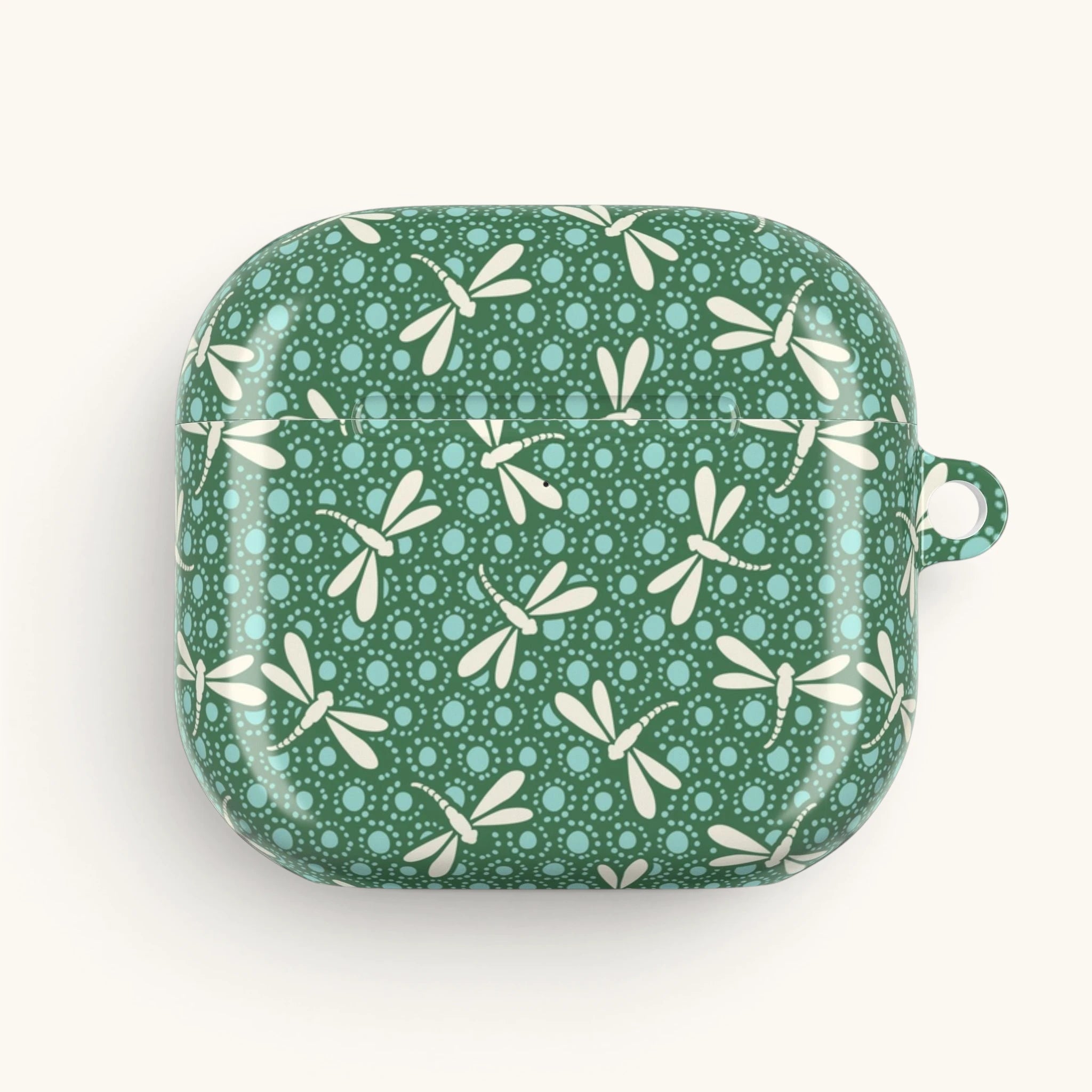 AirPods Gen 4 case – Glossy | cream dragonflies in flight on deep emerald green ground with aqua dot medallions
