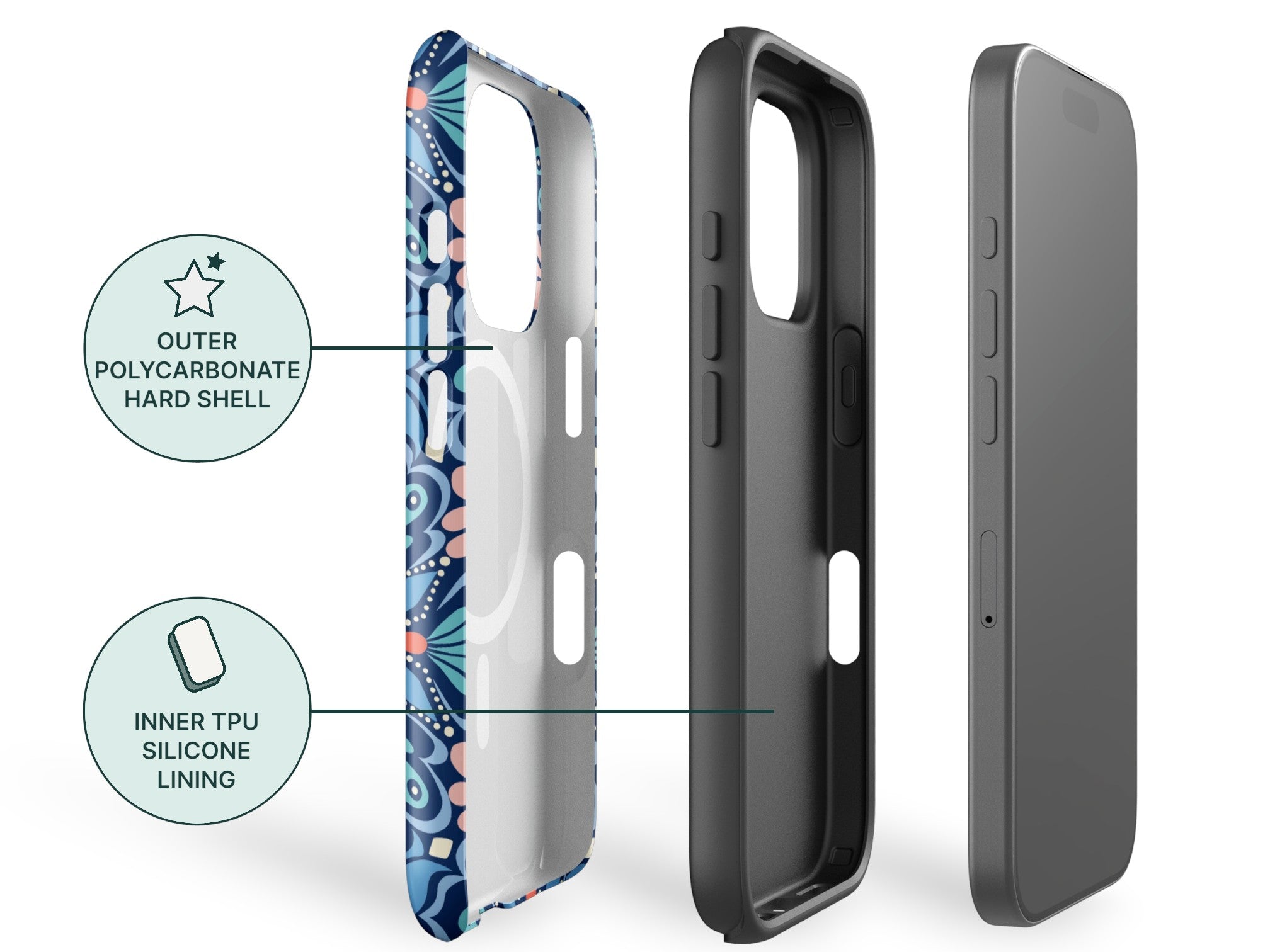Phone case with polycarbonate hard shell and TPU silicone lining, shown from different angles.