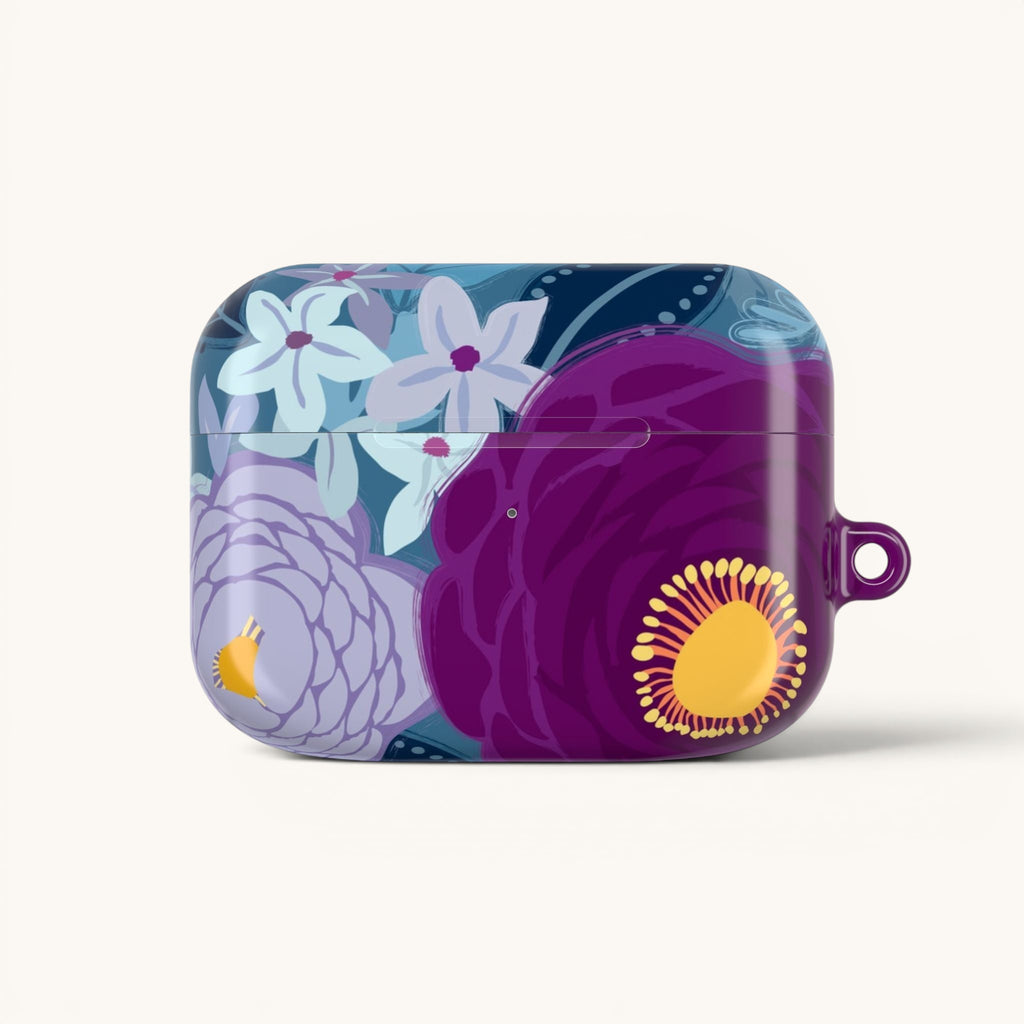 Floriori Bloomerie Violet AirPods Pro case with a floral print in deep violet, plum, and light blue. Features a glossy finish and carabiner loop.