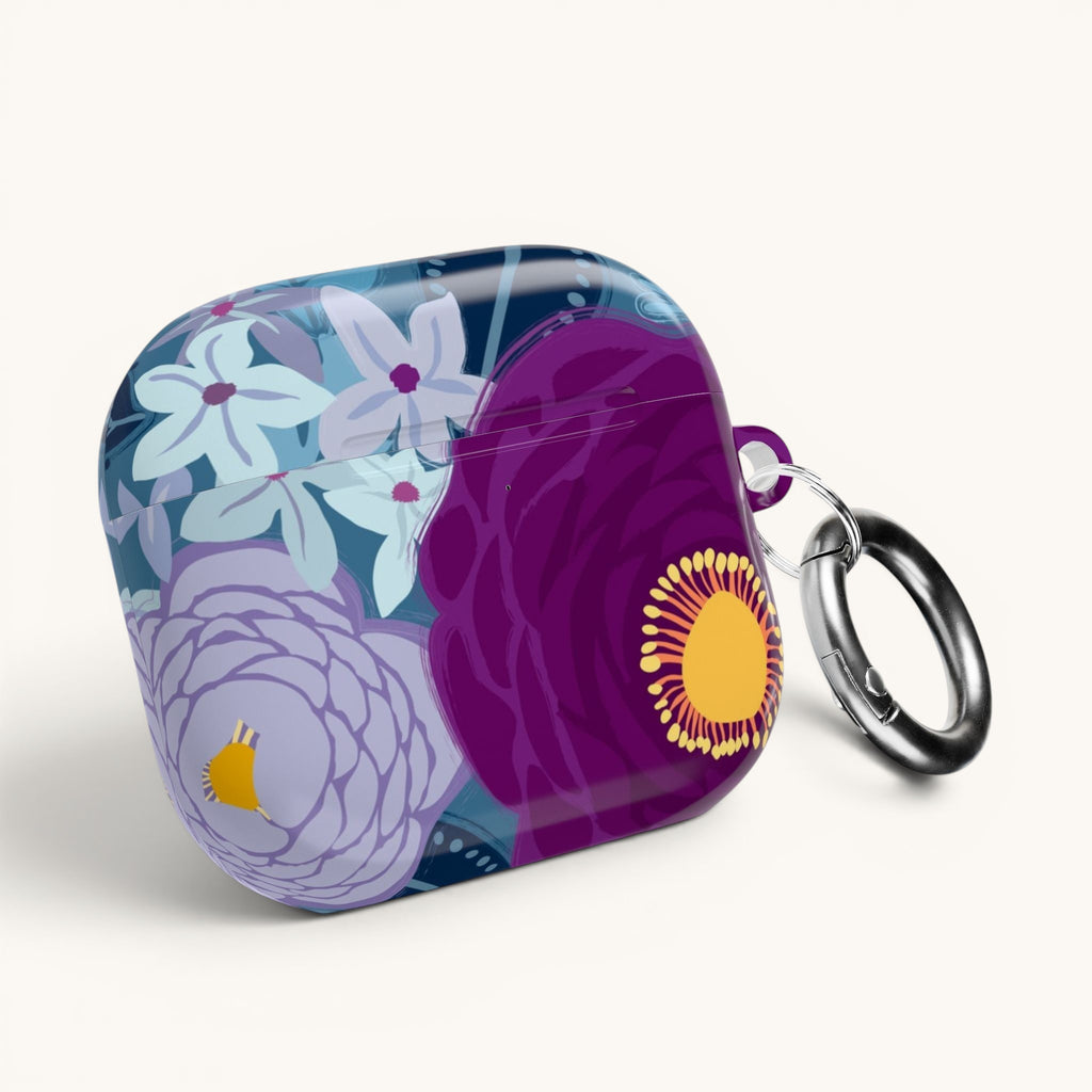 Floriori Bloomerie Violet AirPods Pro case with a floral print in deep violet, plum, and light blue. Features a glossy finish and carabiner clip.