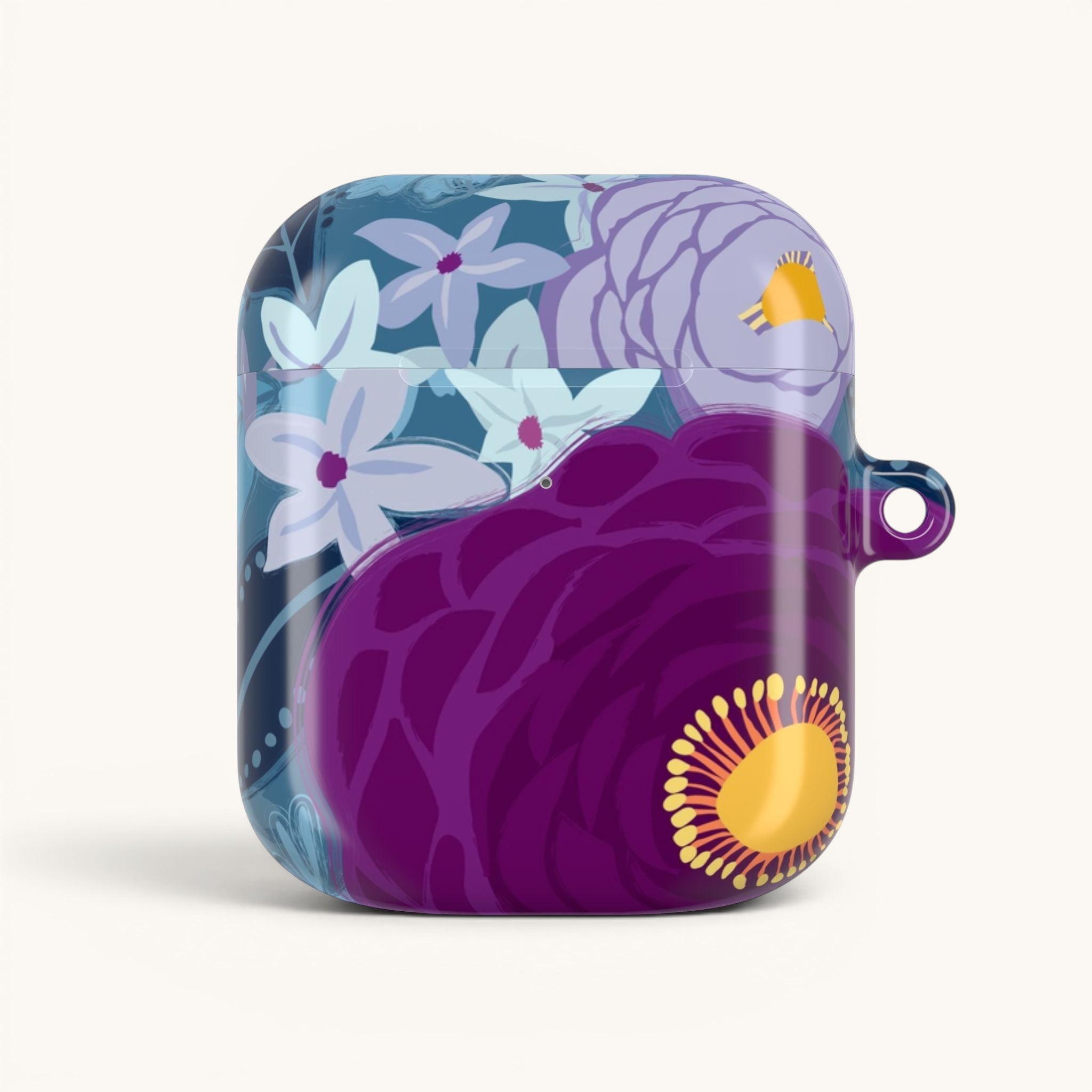 Floriori Bloomerie Violet AirPods Pro case with a glossy finish and a vibrant floral print in deep violet and plum.
