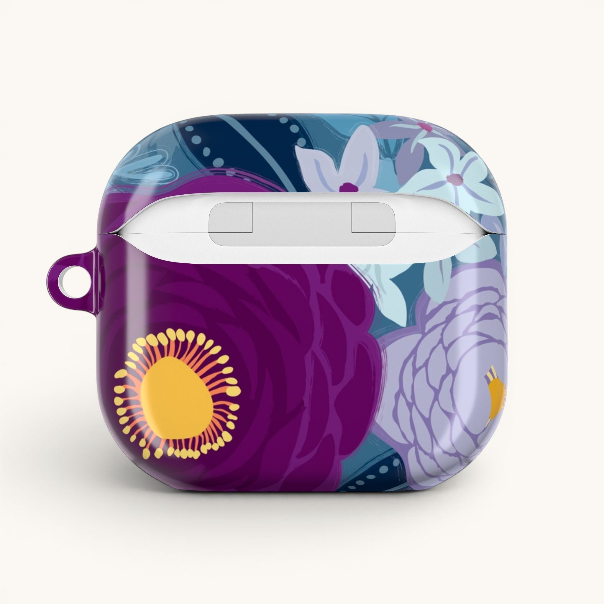 Floriori Bloomerie Violet AirPods Pro case with a vibrant floral print in deep violet, plum, and blue hues.