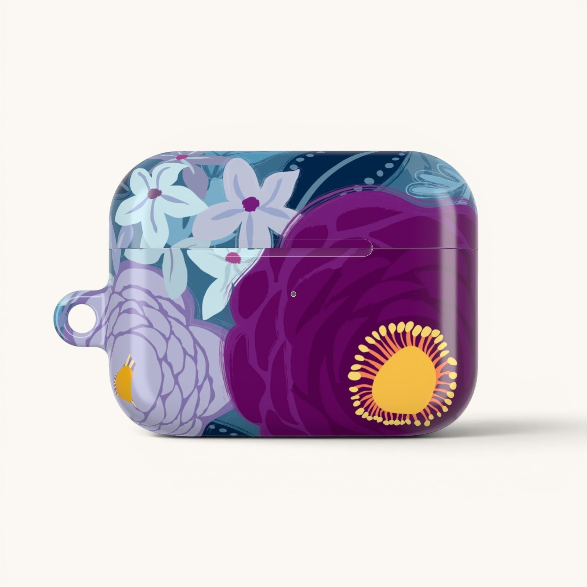 Floriori Bloomerie Violet AirPods Pro case with a glossy finish and vibrant floral print in deep violet, plum, and light blue.