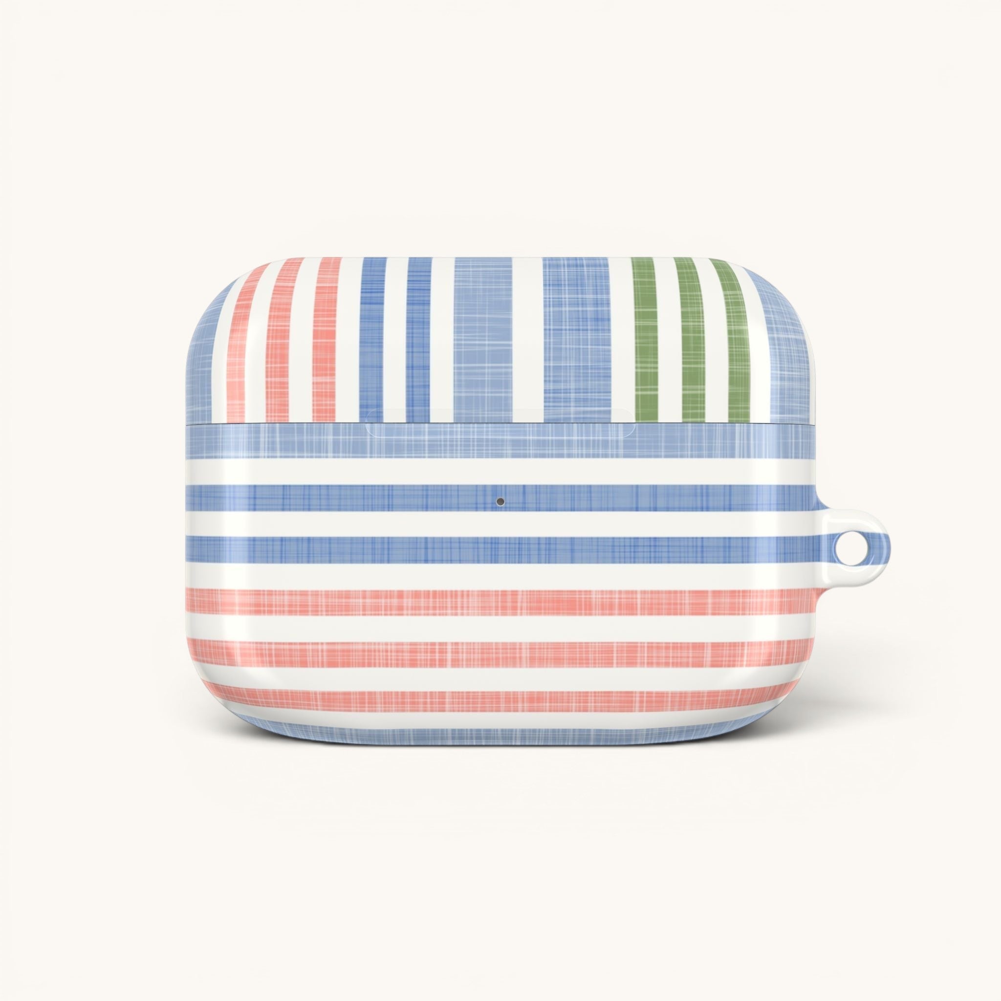 floriori Cabana Stripe Pastel Gen 1 AirPods Pro Case with blue, coral, and sage green stripes and a chambray texture.