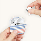 floriori Cabana Stripe Pastel AirPods Case with blue, coral, and sage green stripes. Protective shell with carabiner.