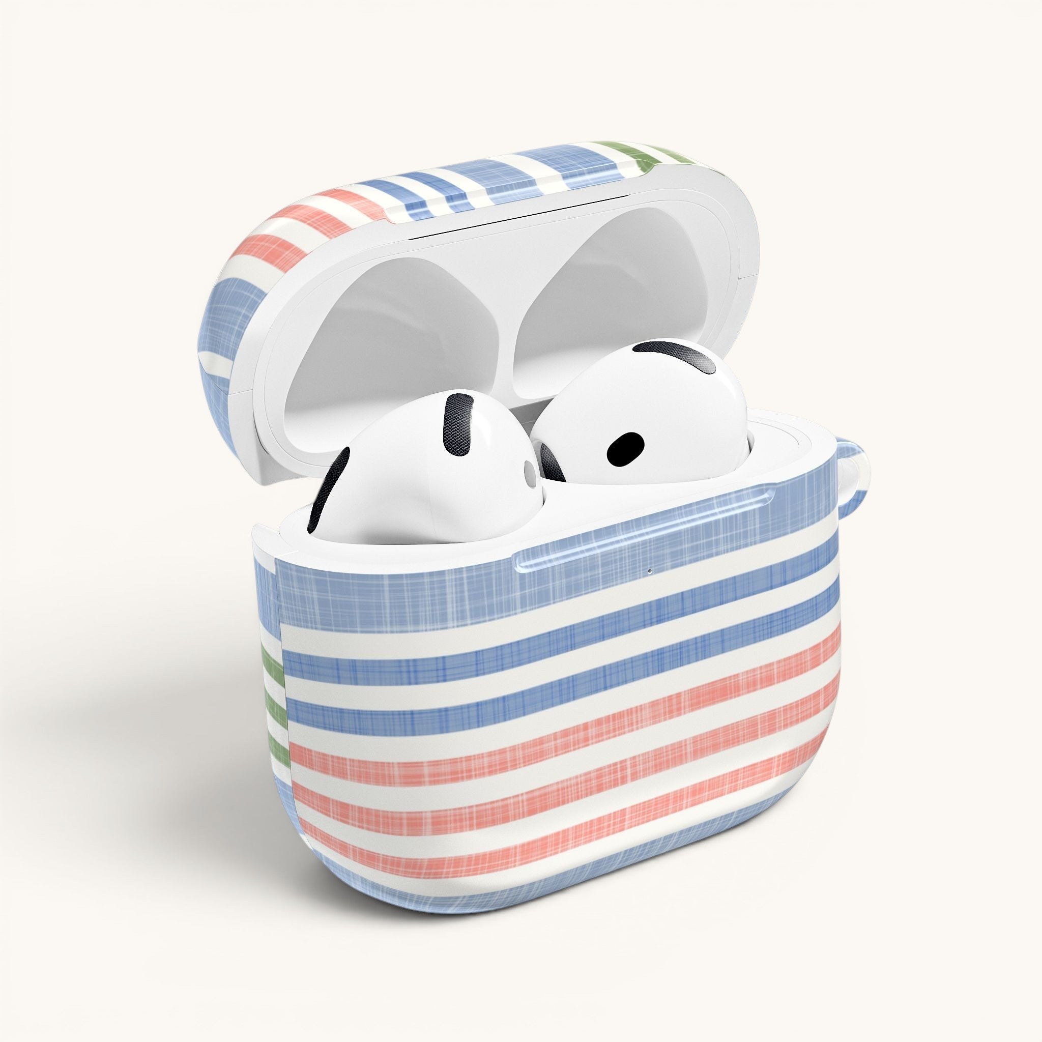 floriori Cabana Stripe Pastel AirPods Case with blue, coral, and sage green stripes. Features chambray texture and glossy finish.