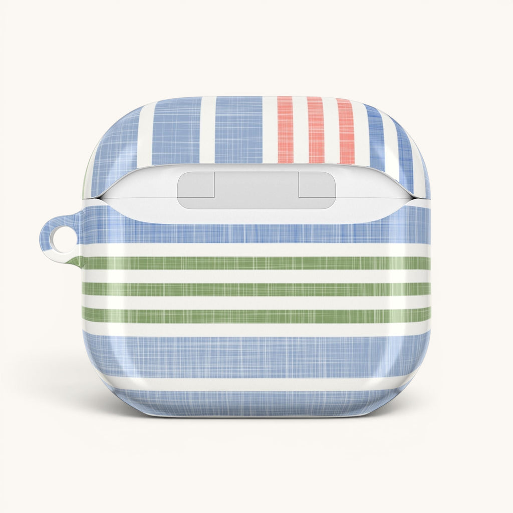 floriori Cabana Stripe Pastel AirPods Case with blue, coral, and sage green stripes and a chambray texture.