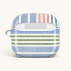 floriori Cabana Stripe Pastel AirPods Case with blue, coral, and sage green stripes and a chambray texture.