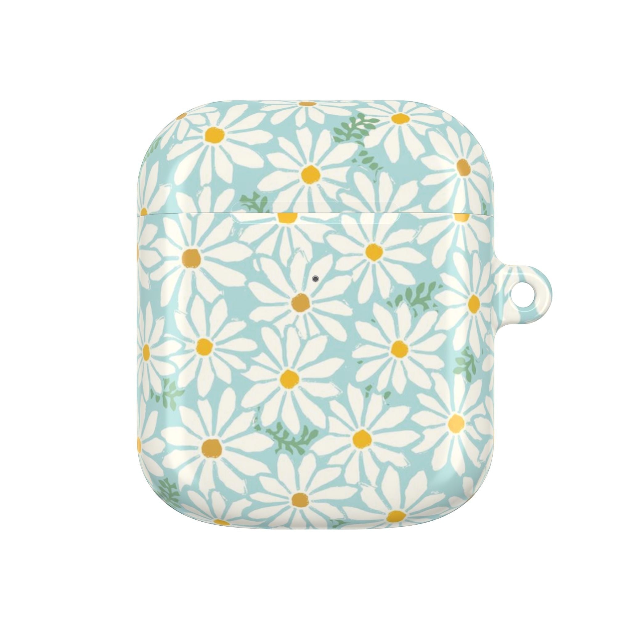 floriori Daisies AirPods Gen 1 case featuring summer white daisies with yellow centers on an aqua background with green leaves printed on glossy polycarbonate shell