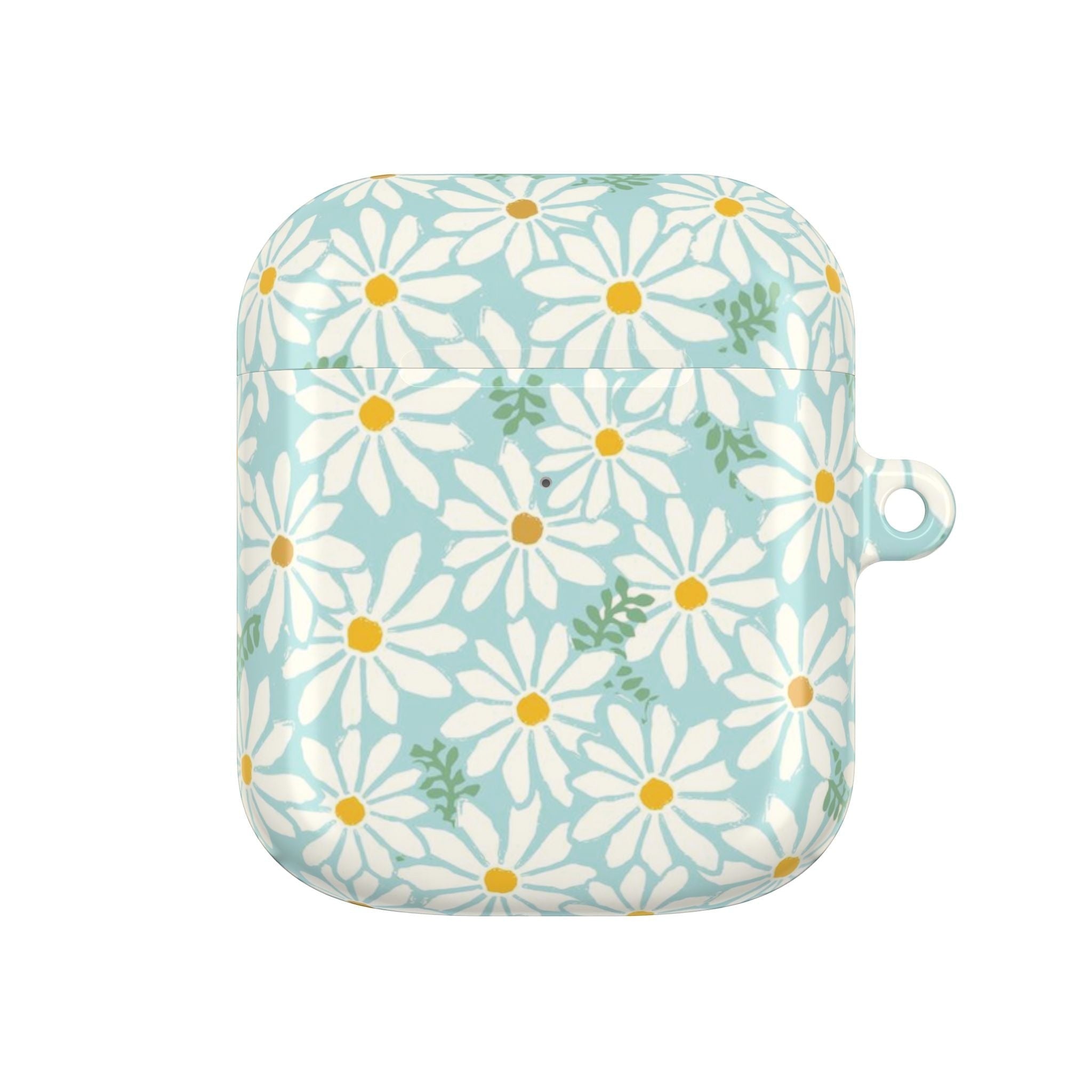 floriori Daisies AirPods Gen 2 case featuring summer white daisies with yellow centers on an aqua background with green leaves printed on glossy polycarbonate shell