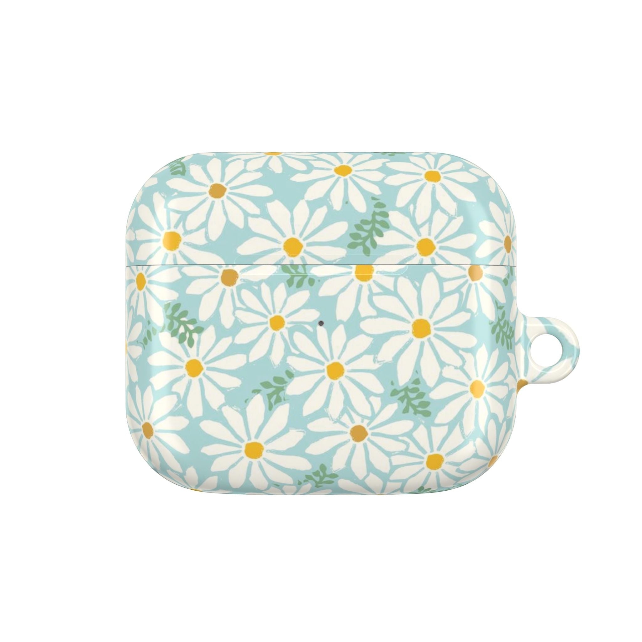 floriori Daisies AirPods Gen 3 case featuring summer white daisies with yellow centers on an aqua background with green leaves printed on glossy polycarbonate shell