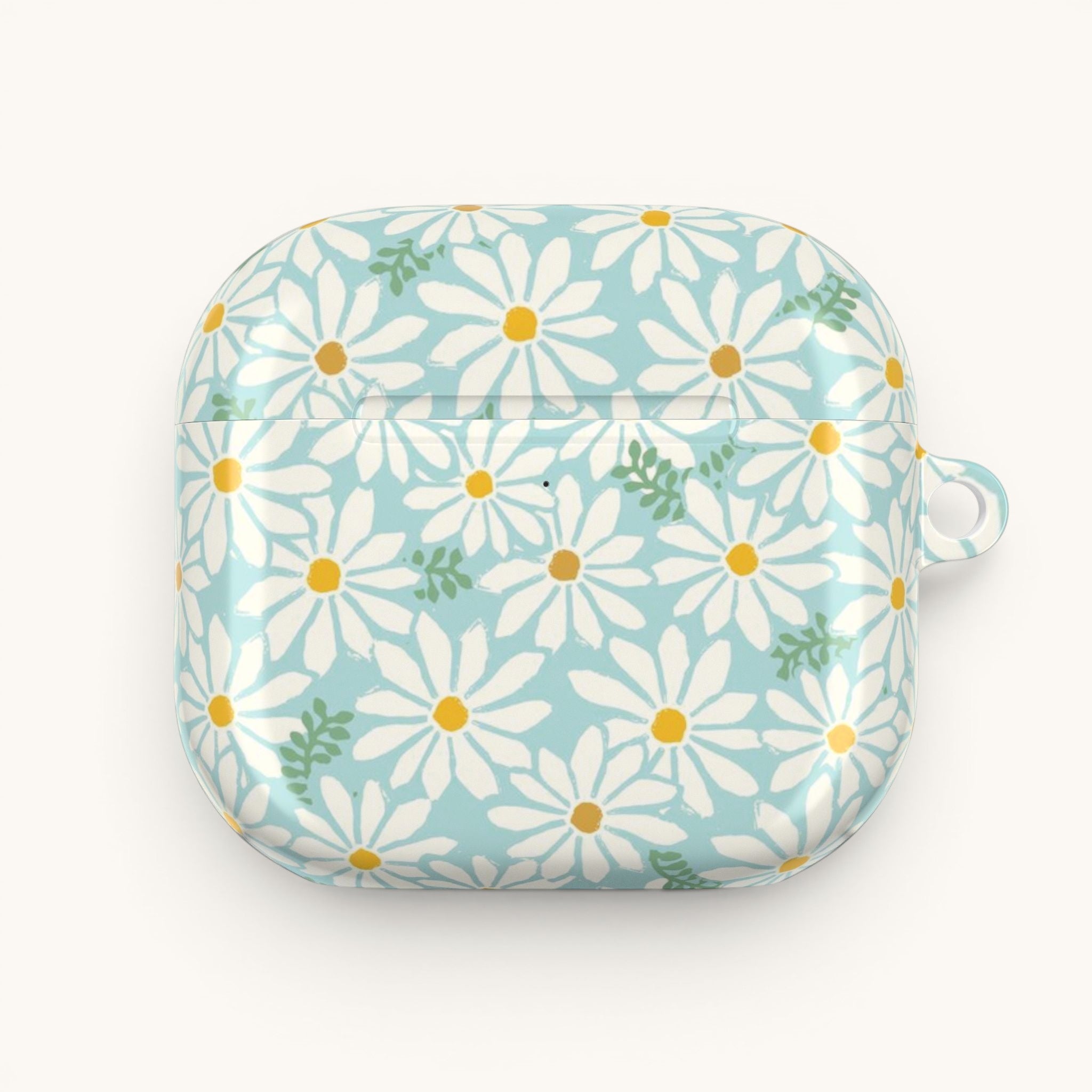 floriori Daisies AirPods Gen 4 case featuring summer white daisies with yellow centers on an aqua background with green leaves printed on glossy polycarbonate shell