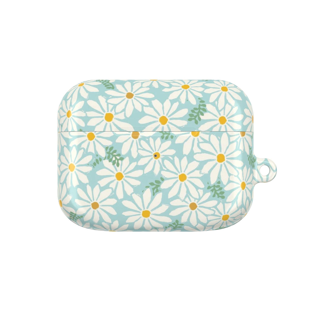 floriori Daisies AirPods Pro Gen 1 case featuring summer white daisies with yellow centers on an aqua background with green leaves printed on glossy polycarbonate shell