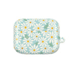 floriori Daisies AirPods Pro Gen 1 case featuring summer white daisies with yellow centers on an aqua background with green leaves printed on glossy polycarbonate shell