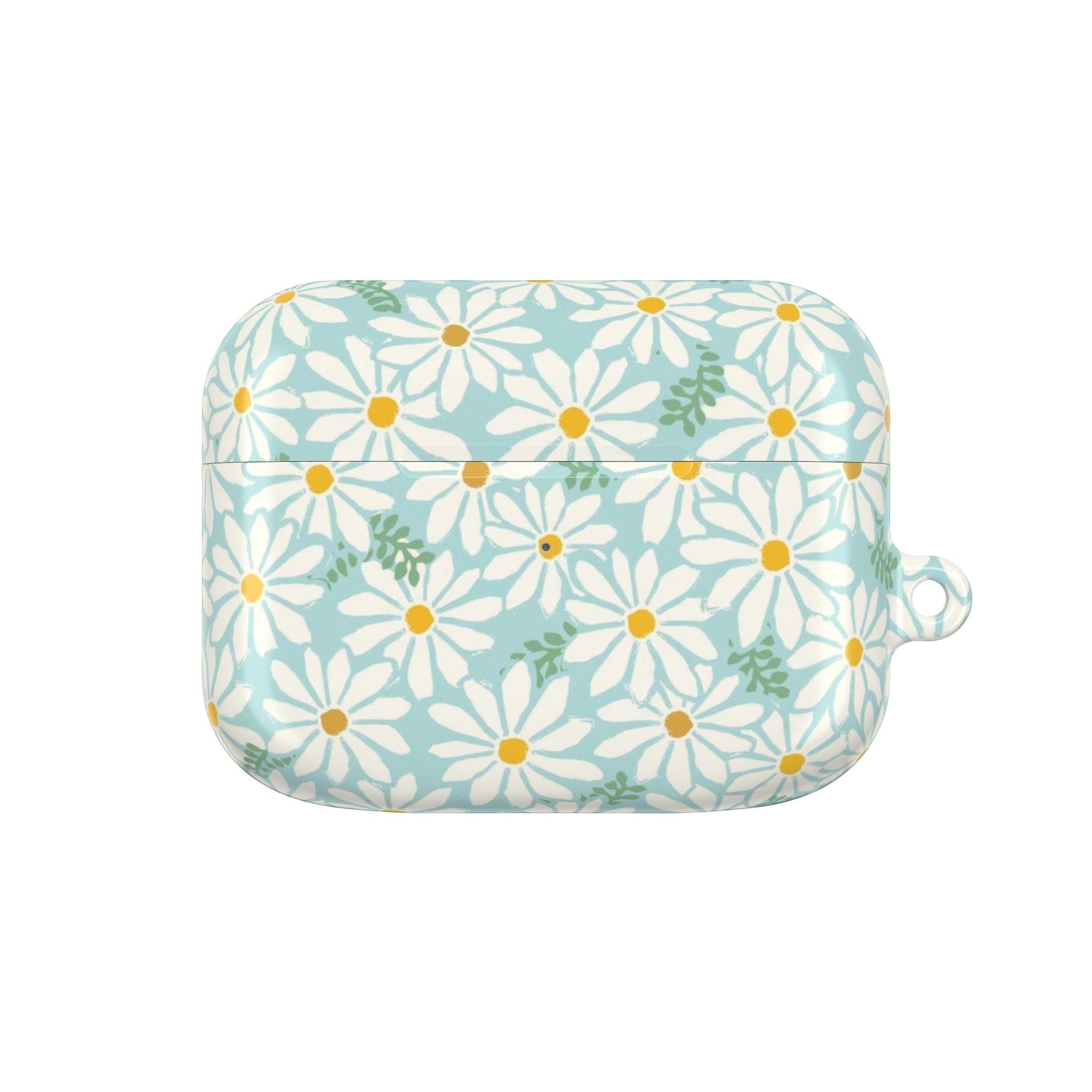 floriori Daisies AirPods Pro Gen 1 case featuring summer white daisies with yellow centers on an aqua background with green leaves printed on glossy polycarbonate shell