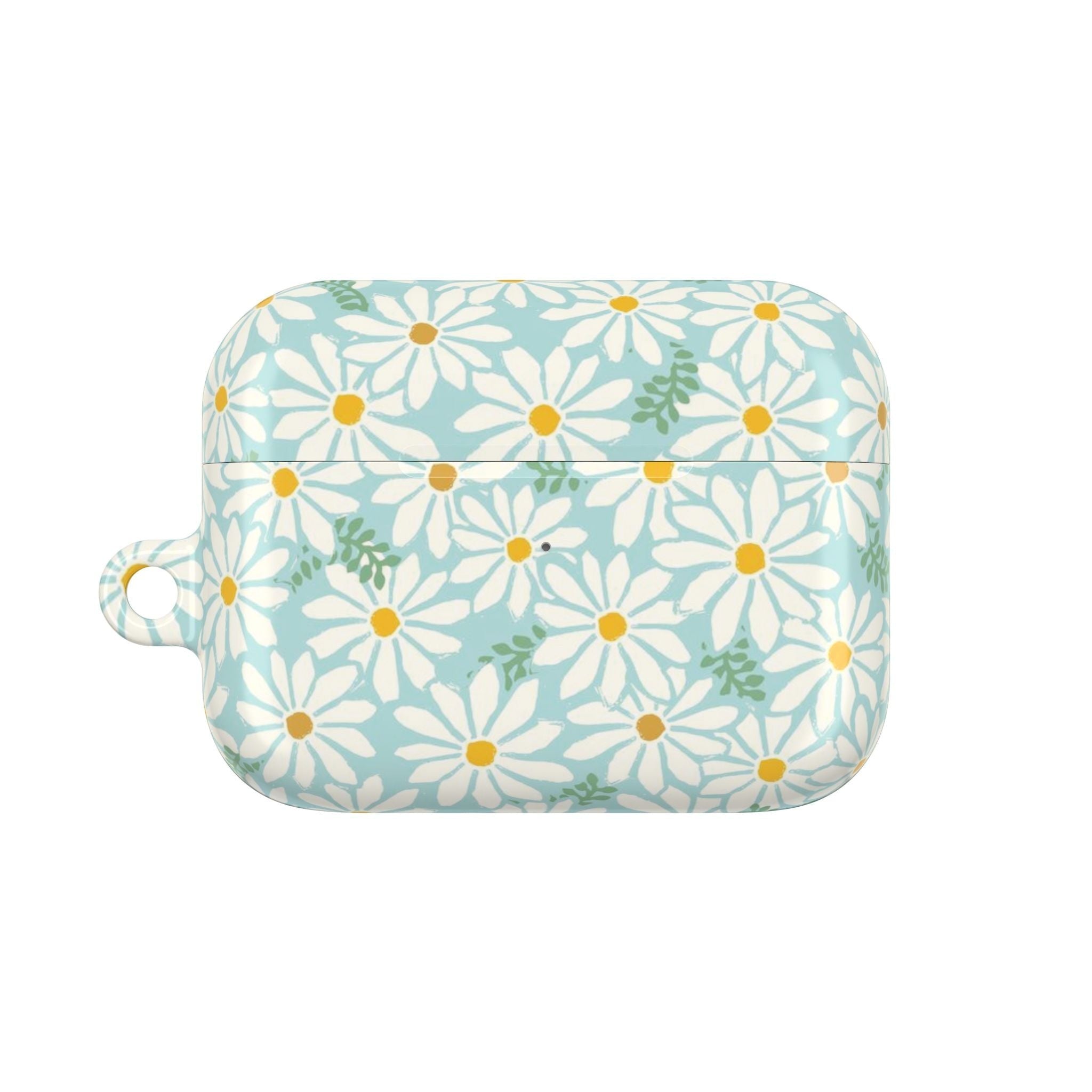 floriori Daisies AirPods Pro Gen 2 case featuring summer white daisies with yellow centers on an aqua background with green leaves printed on glossy polycarbonate shell