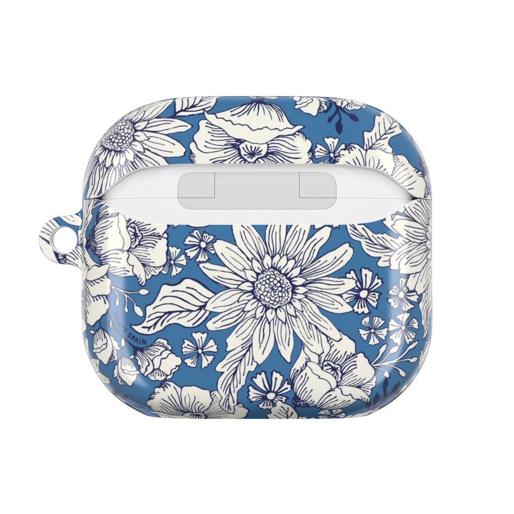 floriori Jardin Blue AirPods case featuring a white hand drawn botanical toile print on a deep blue glossy polycarbonate shell