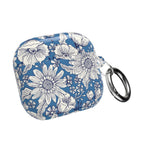 floriori Jardin Blue AirPods case featuring a white hand drawn botanical toile print on a deep blue glossy polycarbonate shell