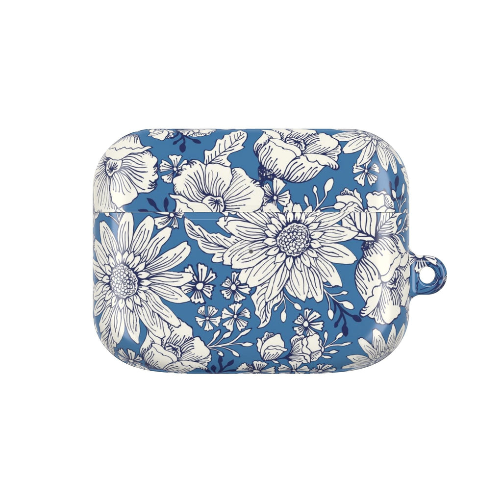 floriori Jardin Blue AirPods case featuring a white hand drawn botanical toile print on a deep blue glossy polycarbonate shell