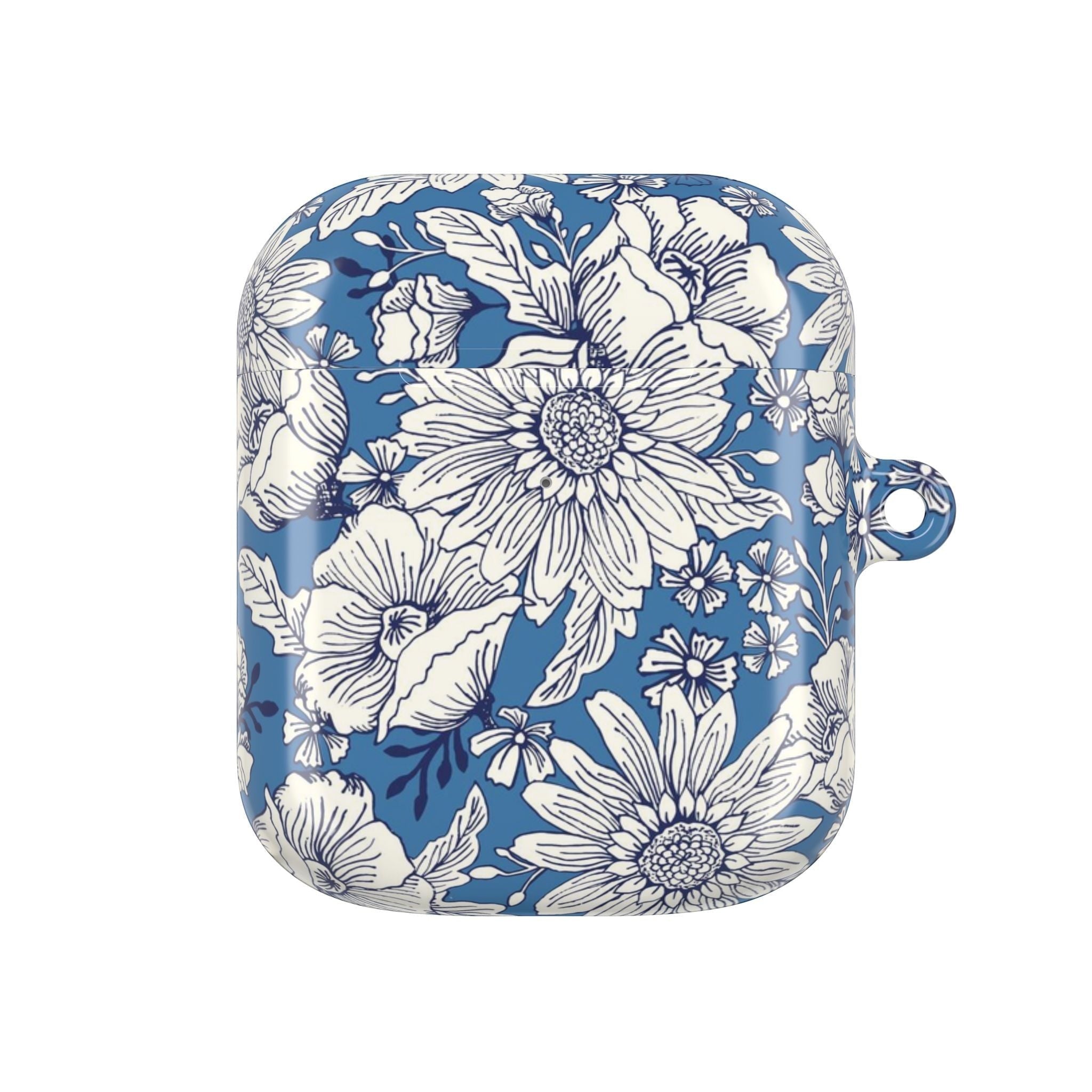 floriori Jardin Blue AirPods case featuring a white hand drawn botanical toile print on a deep blue glossy polycarbonate shell
