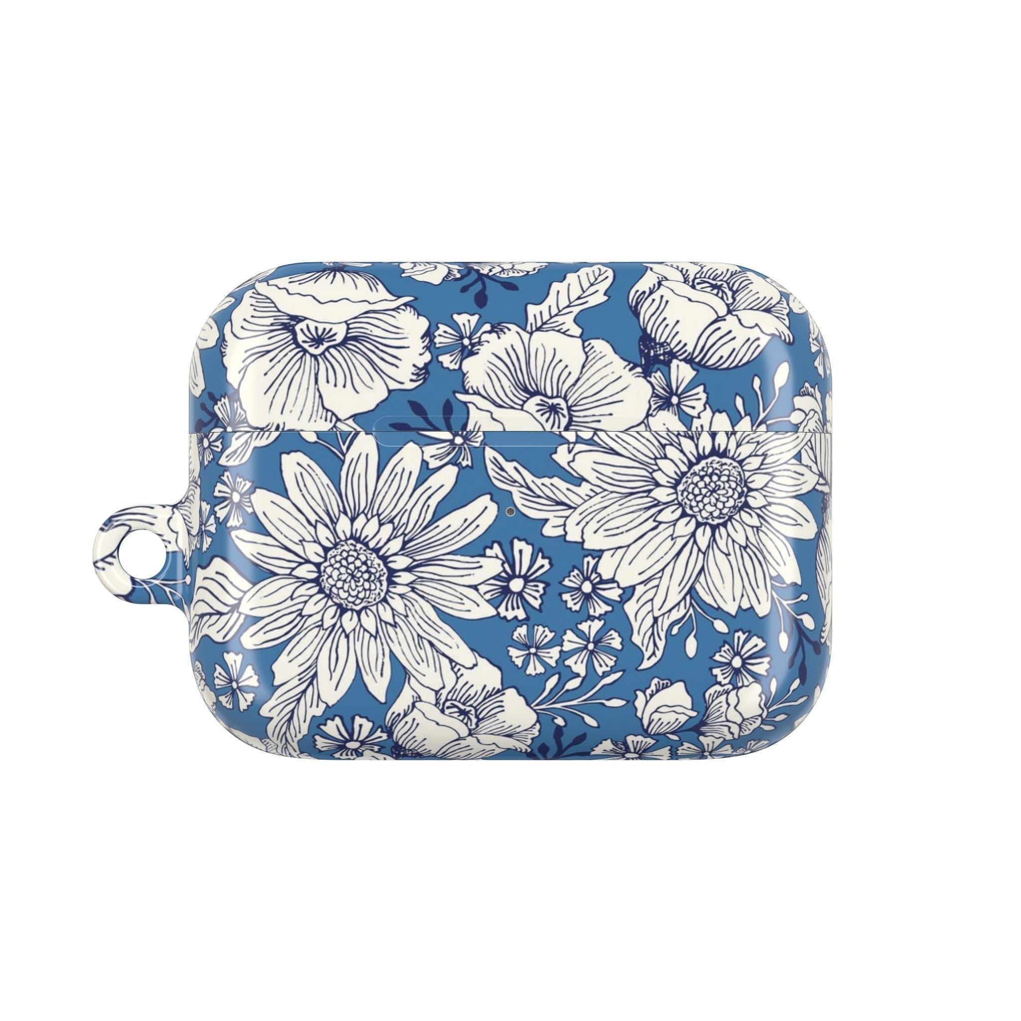 floriori Jardin Blue AirPods case featuring a white hand drawn botanical toile print on a deep blue glossy polycarbonate shell
