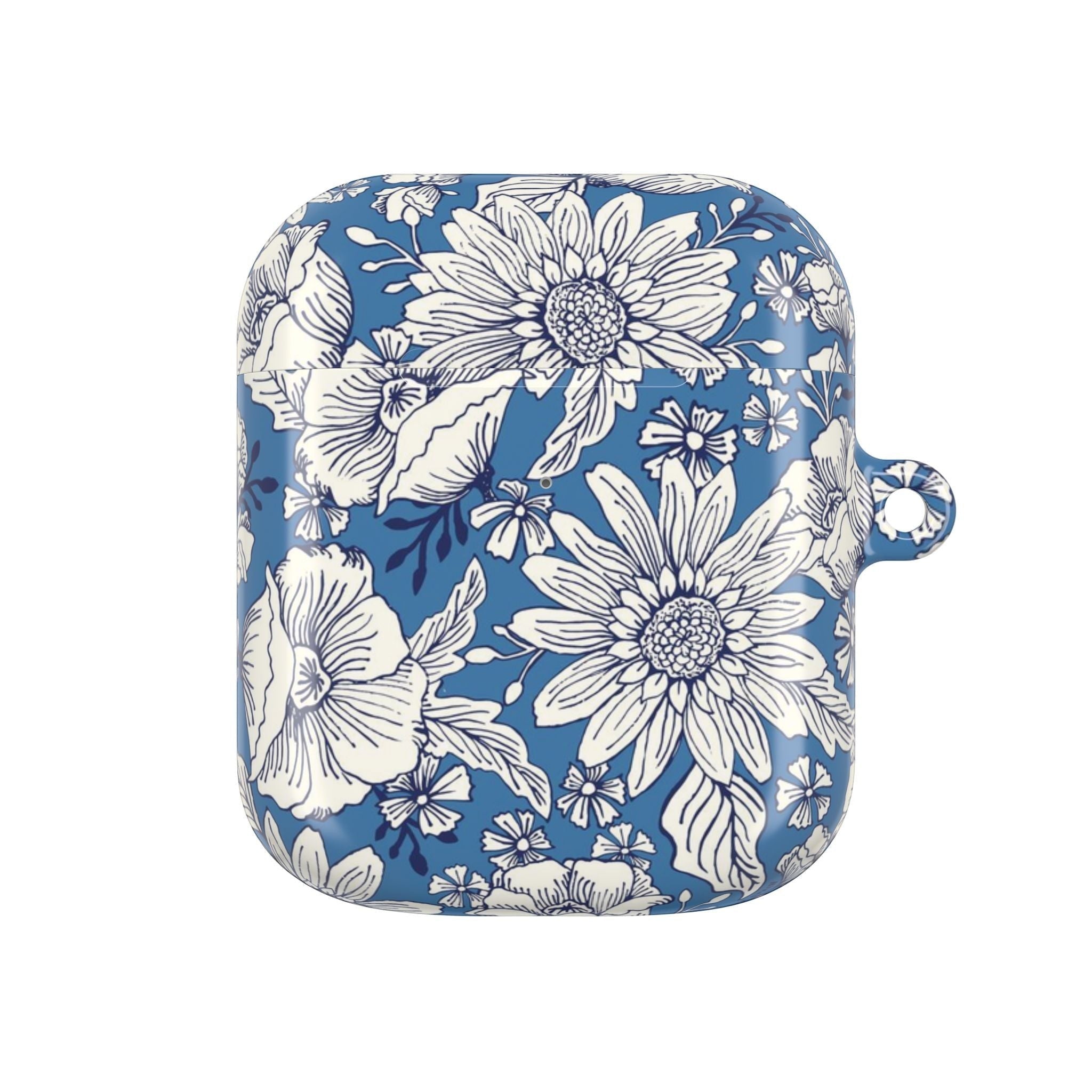 floriori Jardin Blue AirPods case featuring a white hand drawn botanical toile print on a deep blue glossy polycarbonate shell